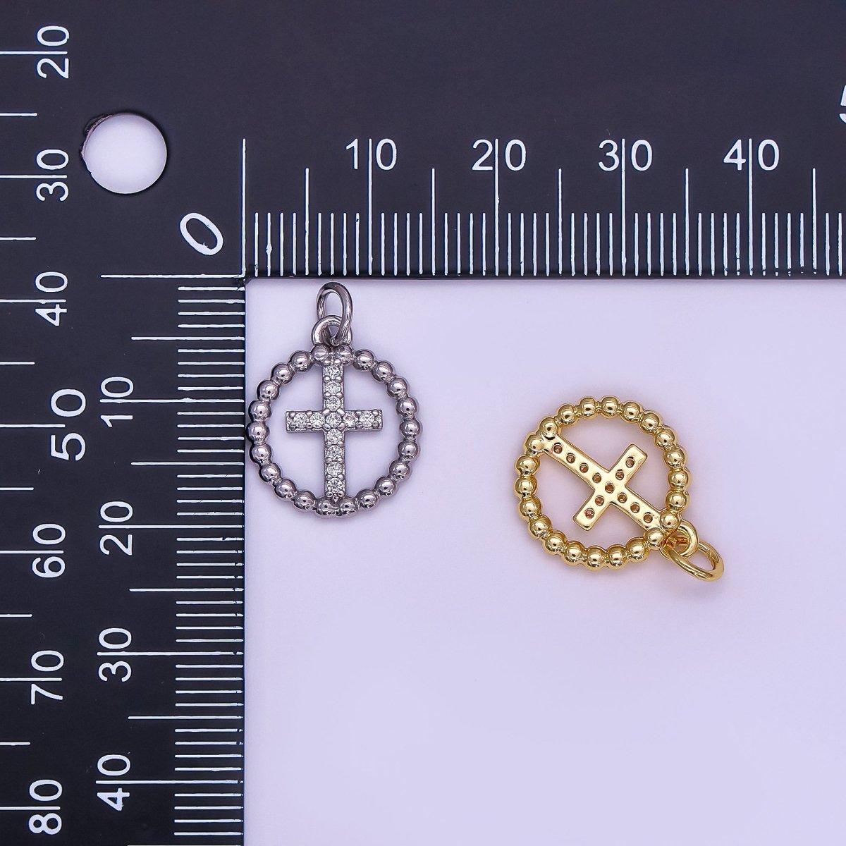 24K Gold Filled Religious Cross Micro Paved CZ Open Dotted Round Charm in Gold & Silver | AF433 - DLUXCA