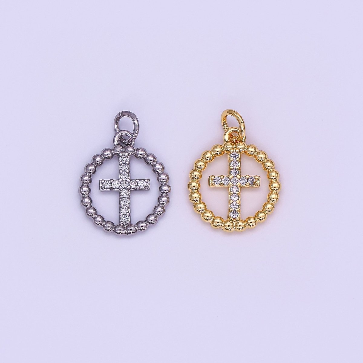 24K Gold Filled Religious Cross Micro Paved CZ Open Dotted Round Charm in Gold & Silver | AF433 - DLUXCA