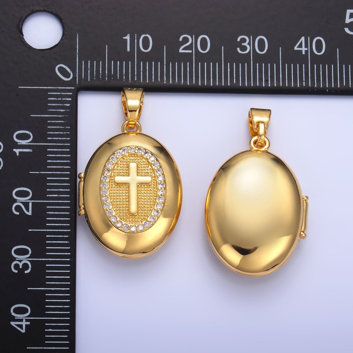 24K Gold Filled Religious Cross Micro Paved CZ Oval Locket Pendant | AA1087 - DLUXCA