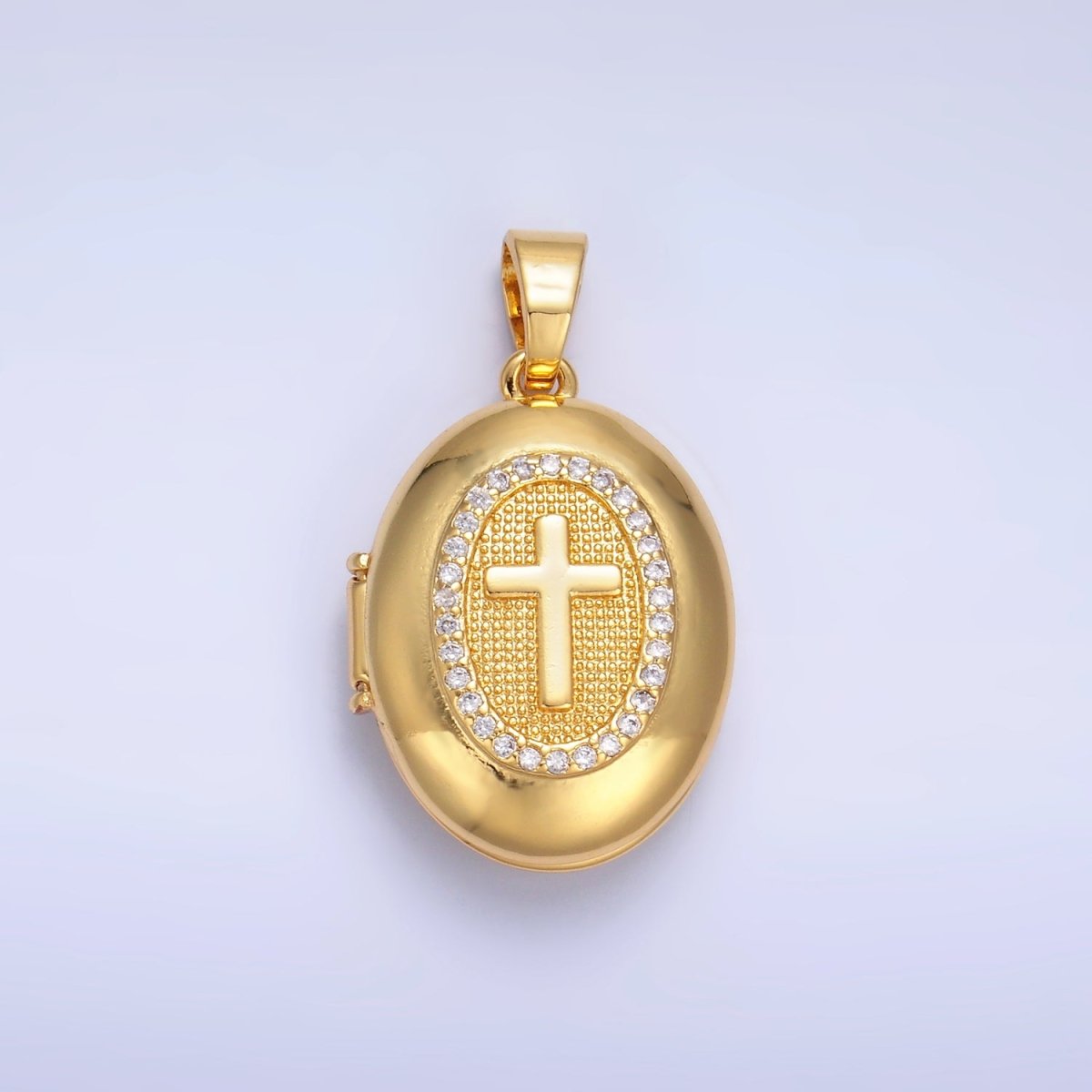 24K Gold Filled Religious Cross Micro Paved CZ Oval Locket Pendant | AA1087 - DLUXCA