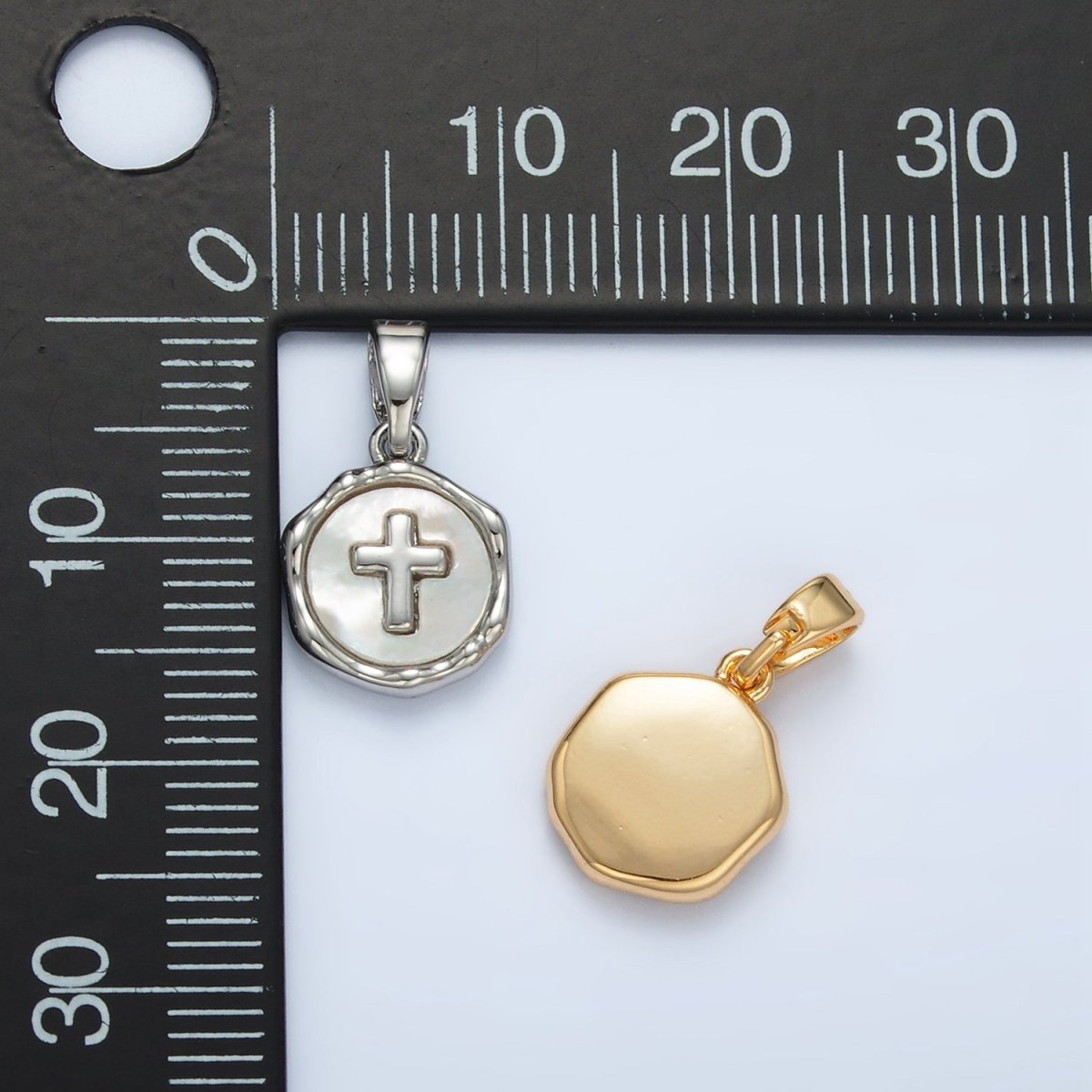 24K Gold Filled Religious Cross Shell Pearl Stamped Bezel Pendant in Gold & Silver | AA1521 - DLUXCA