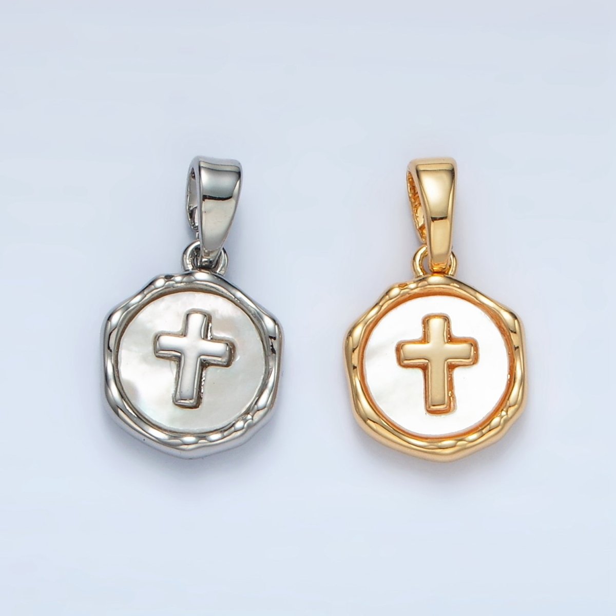 24K Gold Filled Religious Cross Shell Pearl Stamped Bezel Pendant in Gold & Silver | AA1521 - DLUXCA