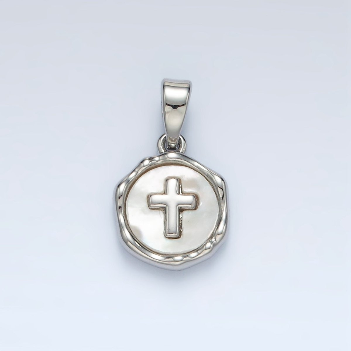 24K Gold Filled Religious Cross Shell Pearl Stamped Bezel Pendant in Gold & Silver | AA1521 - DLUXCA