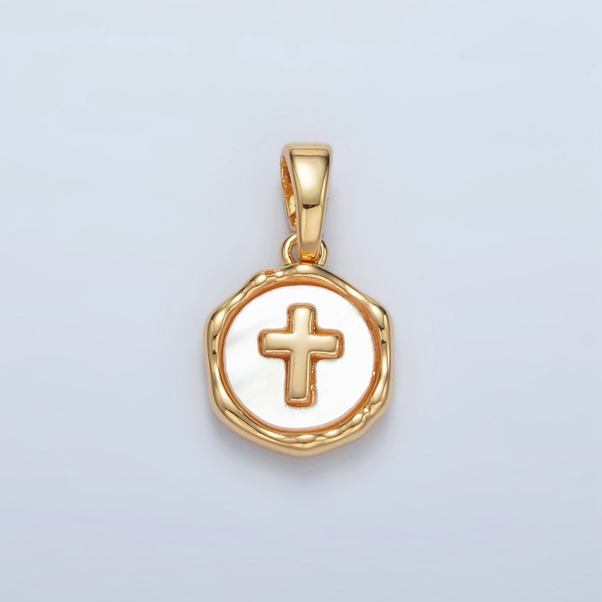 24K Gold Filled Religious Cross Shell Pearl Stamped Bezel Pendant in Gold & Silver | AA1521 - DLUXCA