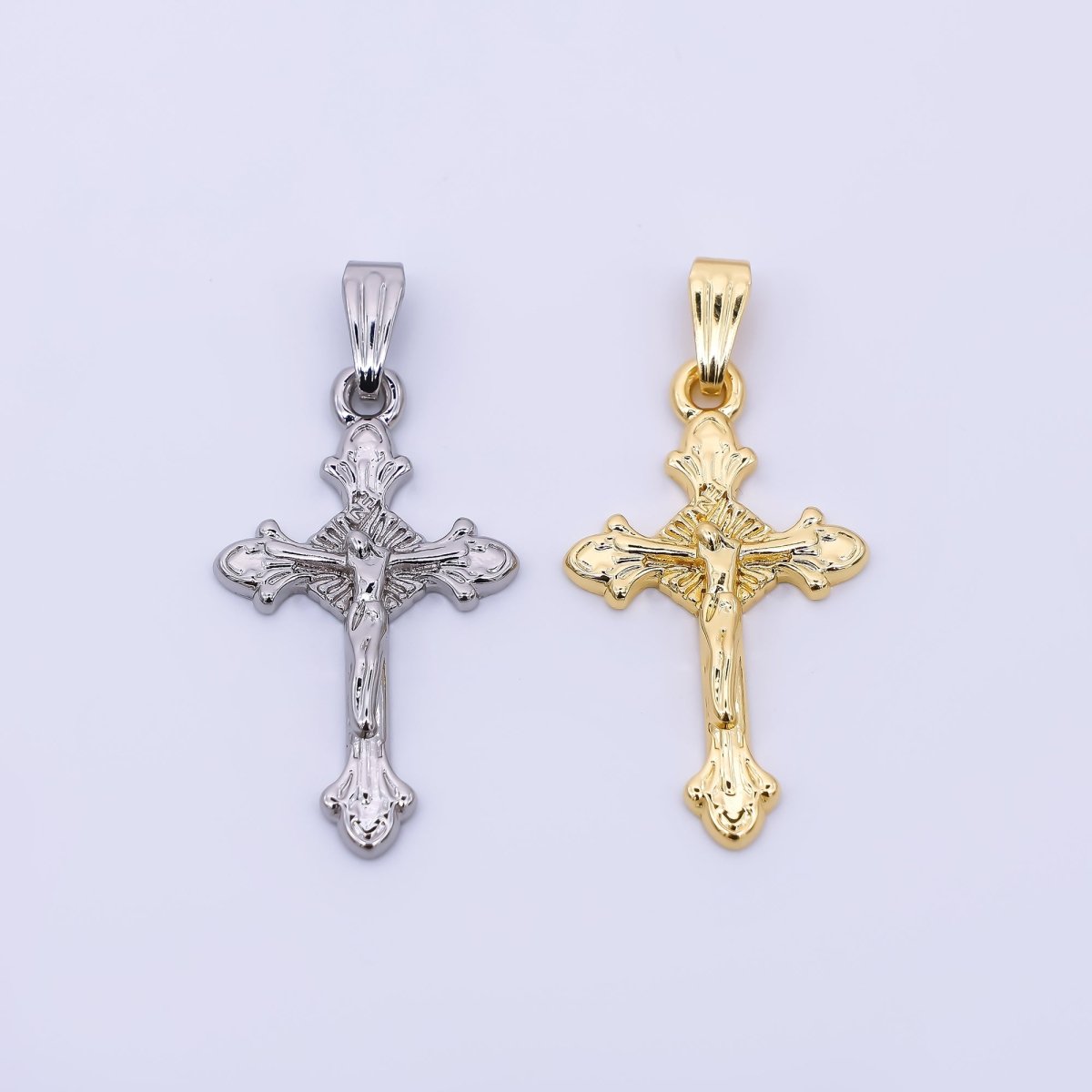 24K Gold Filled Religious Crucifix Fleur Cross Pendant in Gold & Silver | AA1609 - DLUXCA