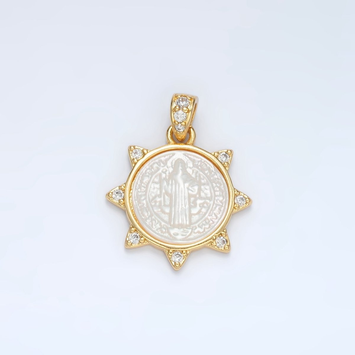 24K Gold Filled Religious Figure Saint Benedict Micro Paved Shell Pearl Sun Pendant | AA1373 - DLUXCA