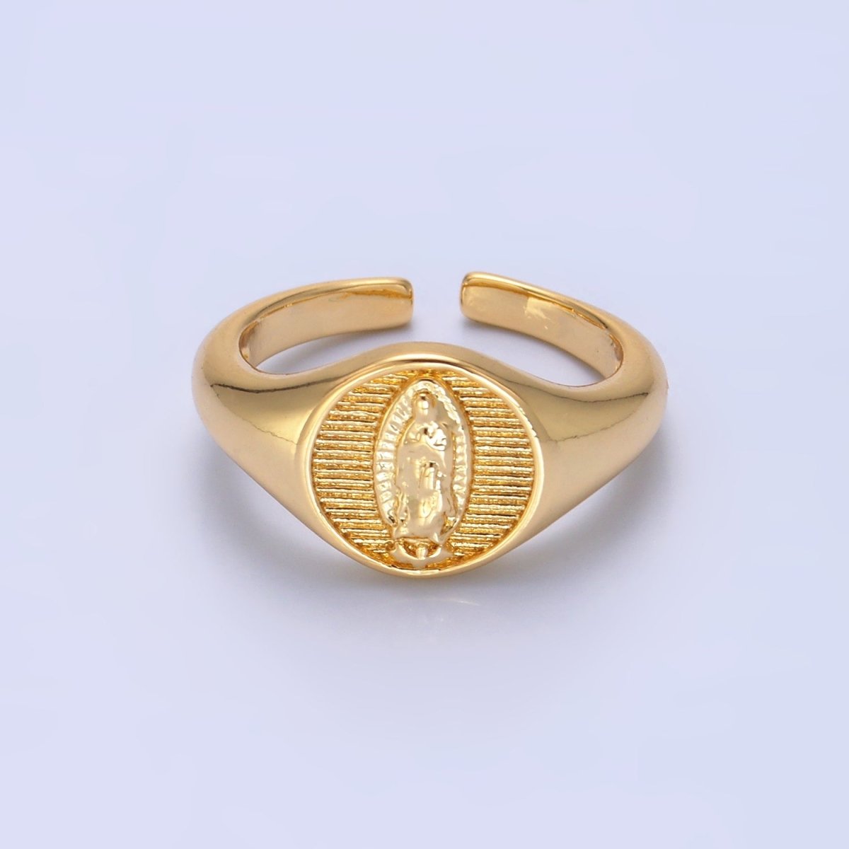 24K Gold Filled Religious Mother Mary Ribbed Signet Ring | O304 - DLUXCA