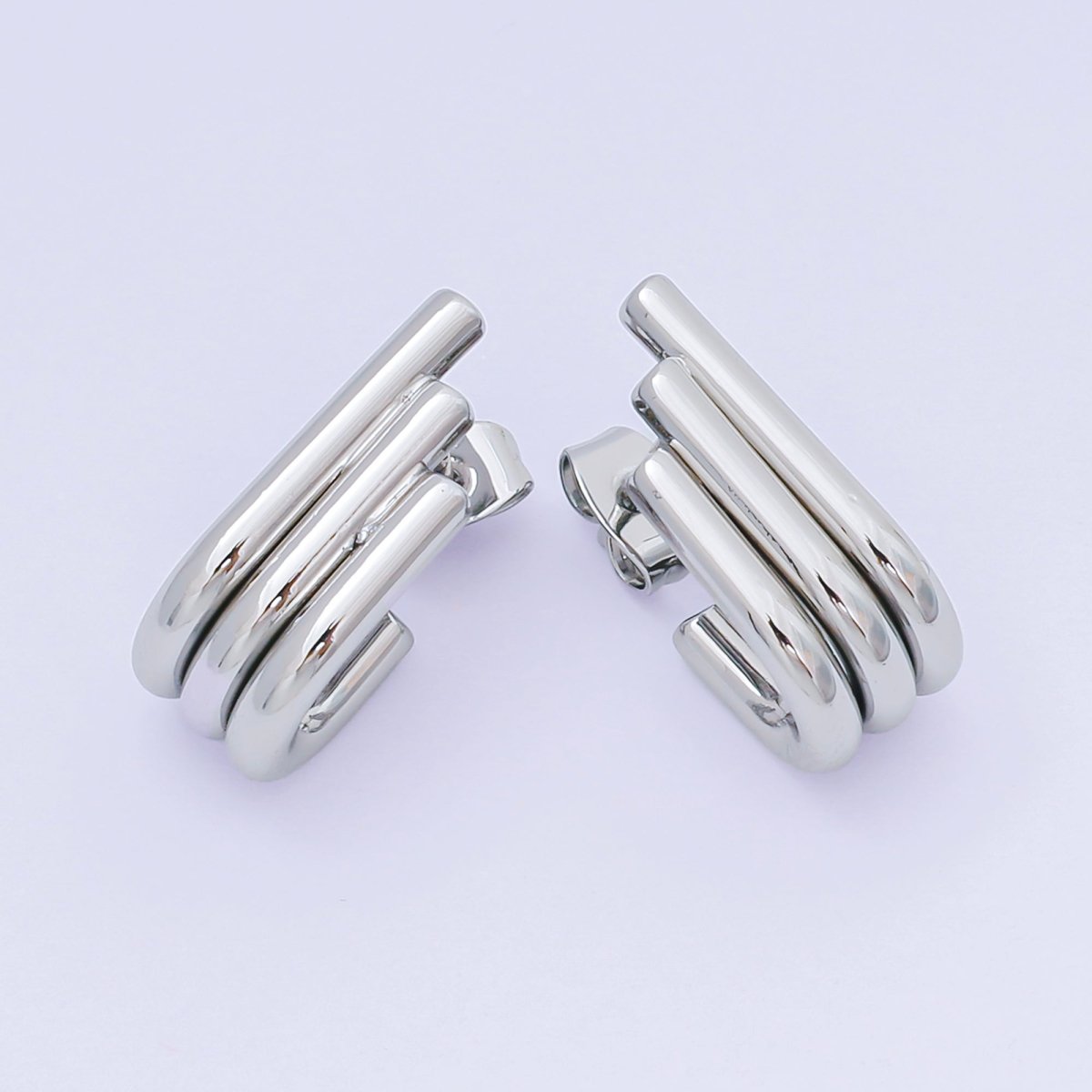 24K Gold Filled Ribbed Triple Linear Modern Shaped Hoop Earrings | AJ130 - DLUXCA