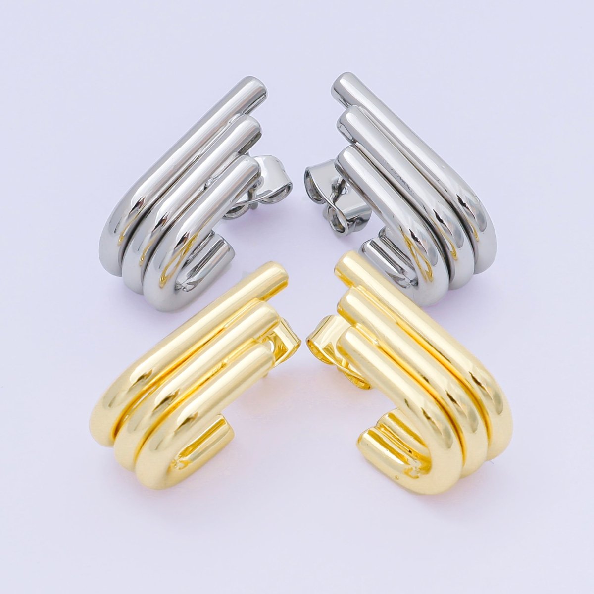 24K Gold Filled Ribbed Triple Linear Modern Shaped Hoop Earrings | AJ130 - DLUXCA
