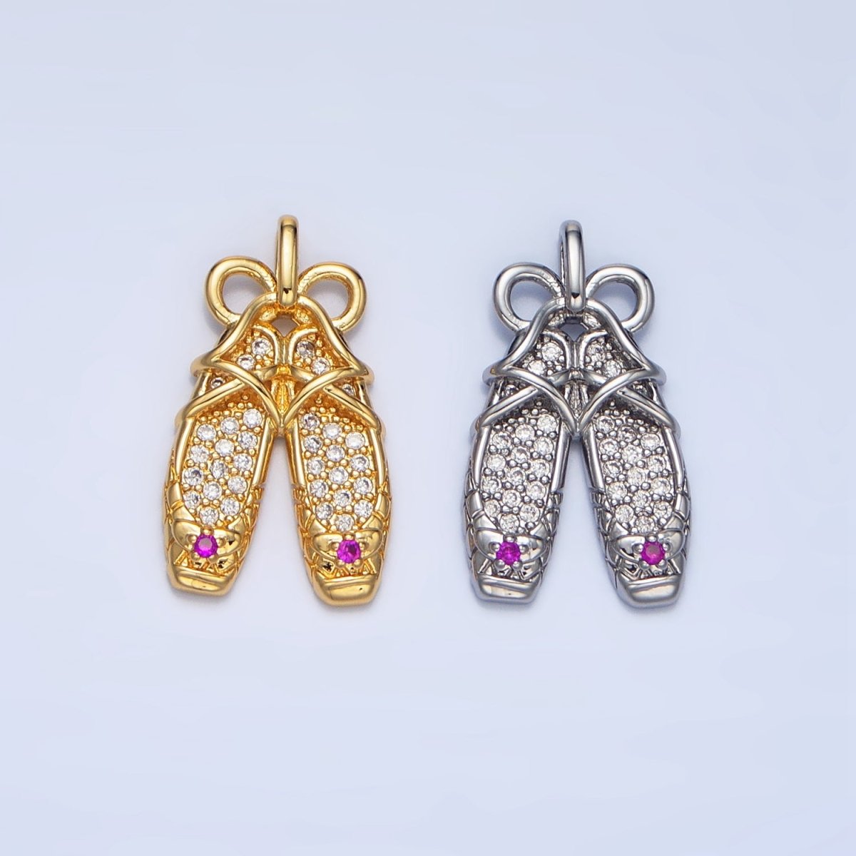 24K Gold Filled Ribbon Ballet Dancing Shoes Micro Paved CZ Pendant in Gold & Silver | AA119 - DLUXCA