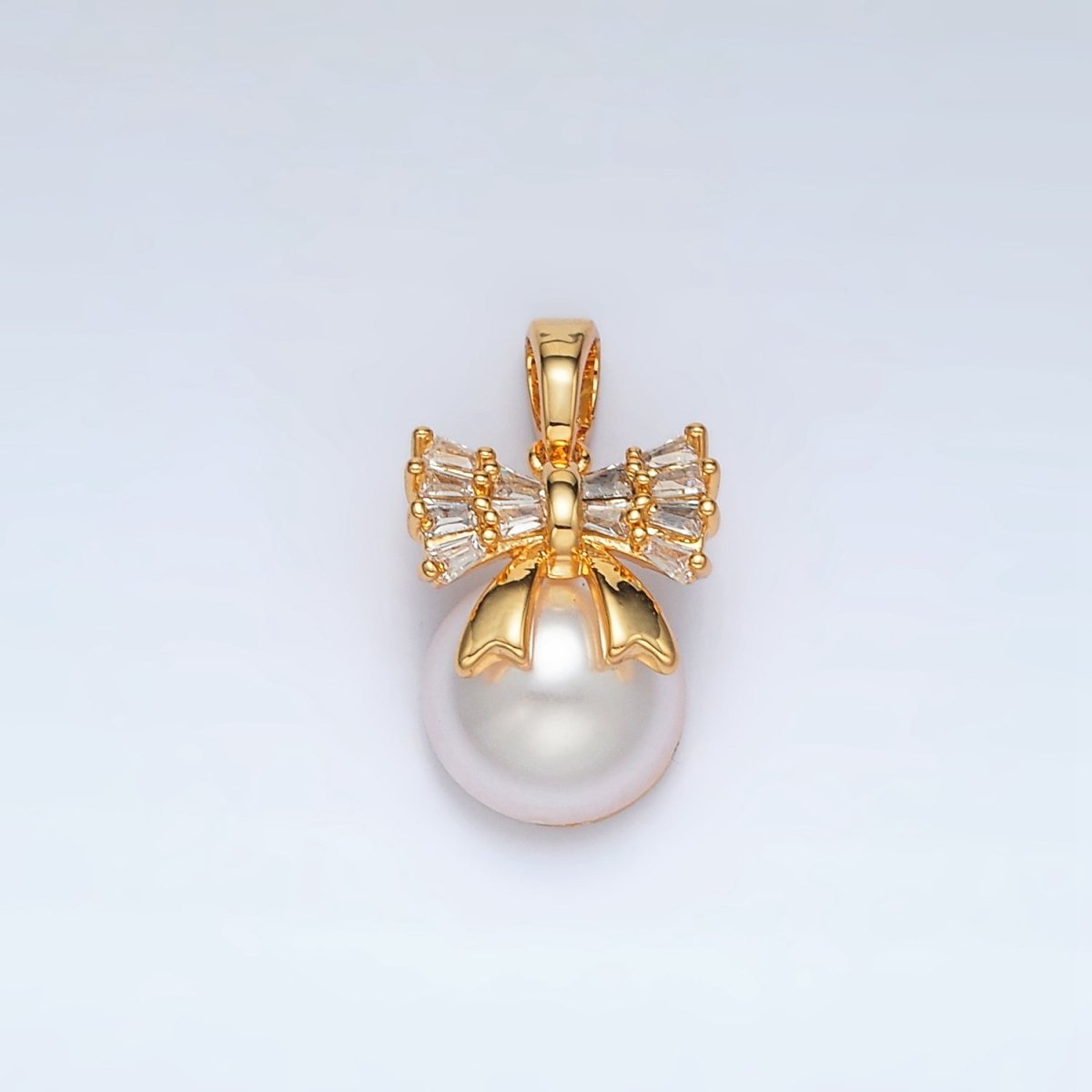 24K Gold Filled Ribbon Bow Baguette CZ Pearl Pendant | AA1408 - DLUXCA