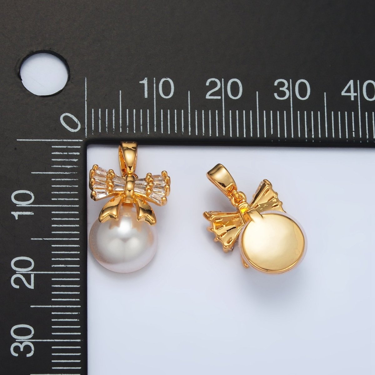 24K Gold Filled Ribbon Bow Baguette CZ Pearl Pendant | AA1408 - DLUXCA