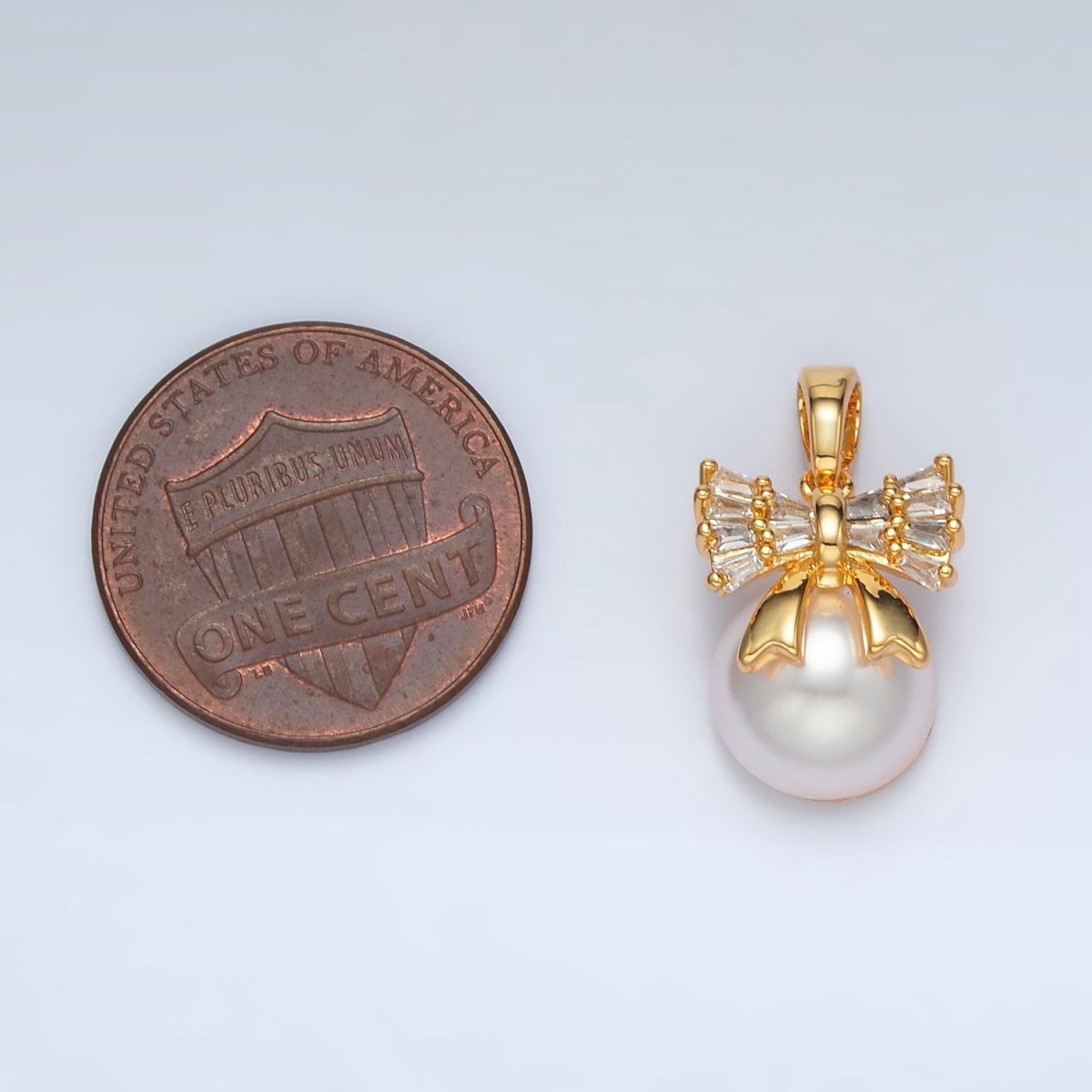 24K Gold Filled Ribbon Bow Baguette CZ Pearl Pendant | AA1408 - DLUXCA