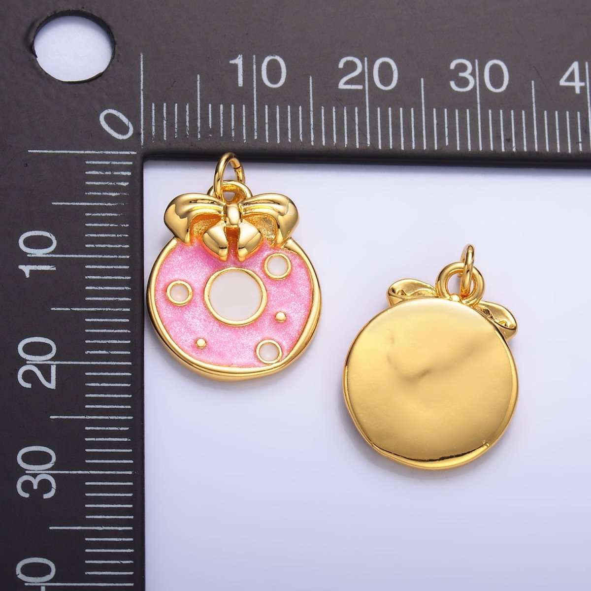 24K Gold Filled Ribbon Sweet Donut Pink Enamel Charm | W441 - DLUXCA