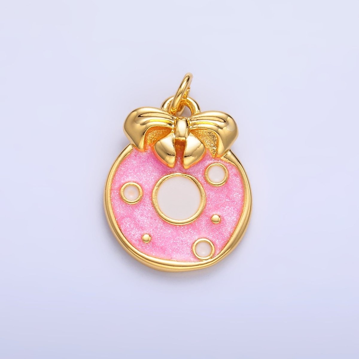 24K Gold Filled Ribbon Sweet Donut Pink Enamel Charm | W441 - DLUXCA