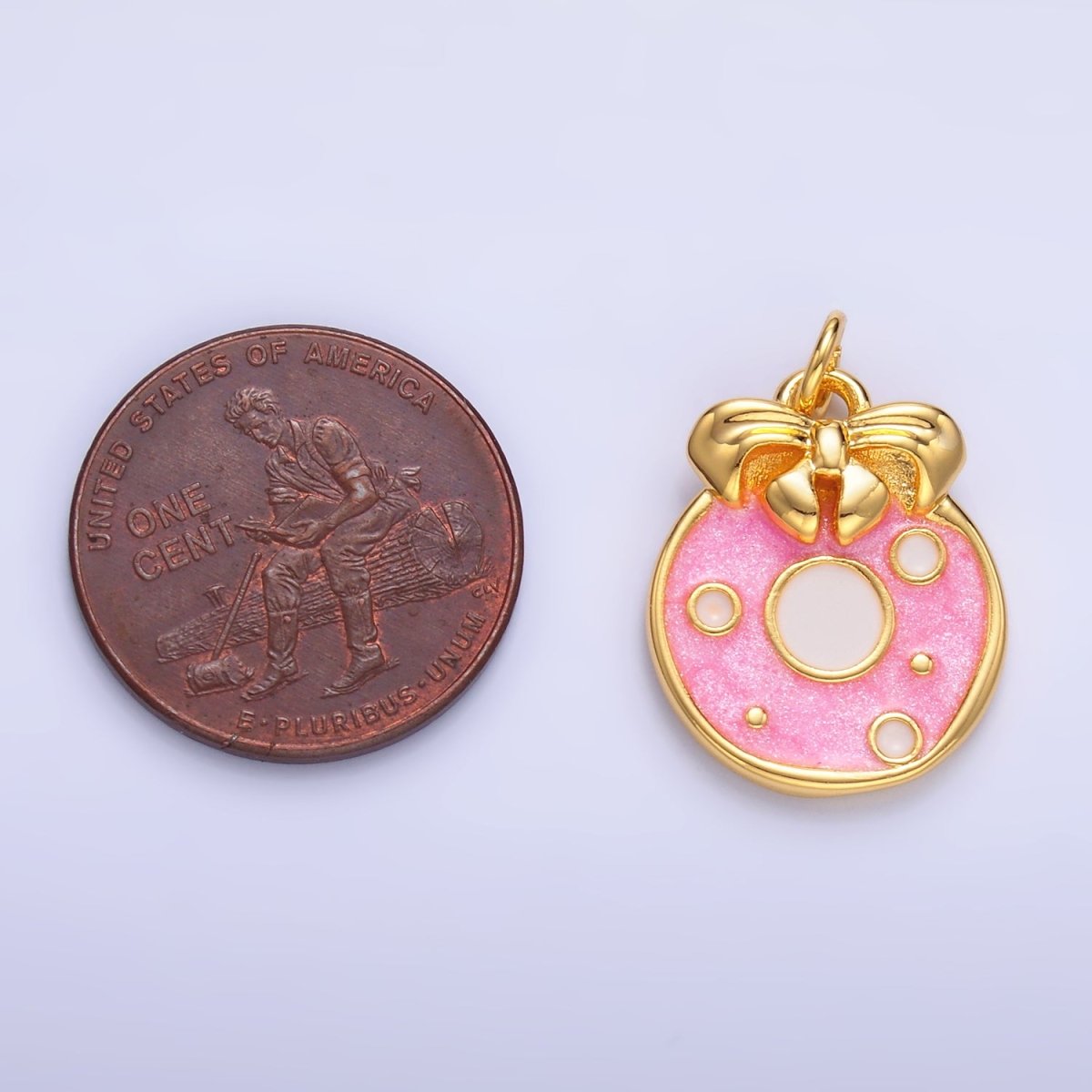 24K Gold Filled Ribbon Sweet Donut Pink Enamel Charm | W441 - DLUXCA