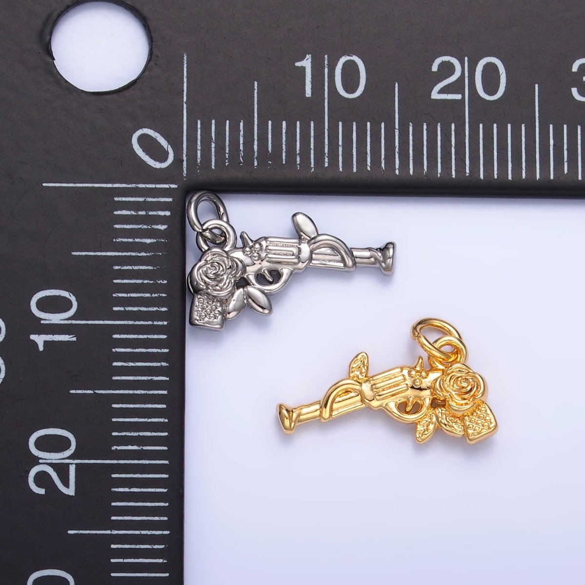 24K Gold Filled Rose Flower Gun Weapon 3D Multidimensional Charm in Gold & Silver | W345 - DLUXCA