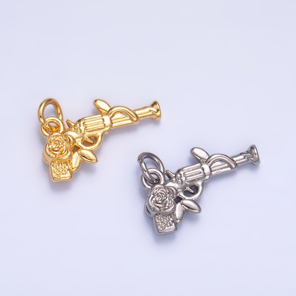 24K Gold Filled Rose Flower Gun Weapon 3D Multidimensional Charm in Gold & Silver | W345 - DLUXCA