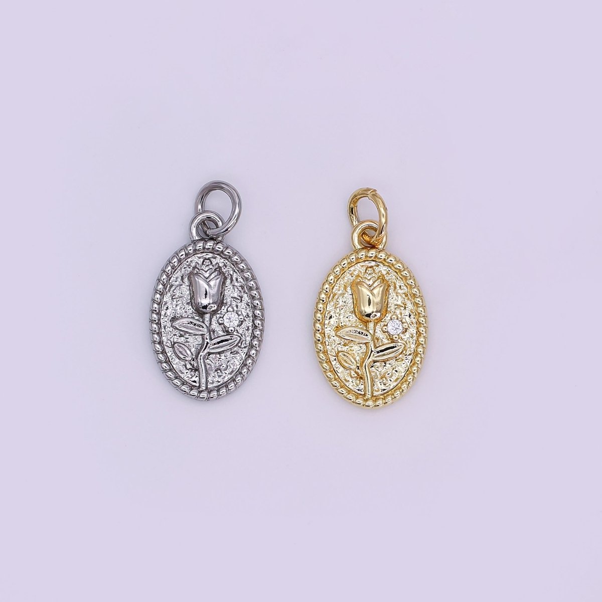24K Gold Filled Rose Flower Hammered Oval Charm in Gold & Silver | N957 - DLUXCA