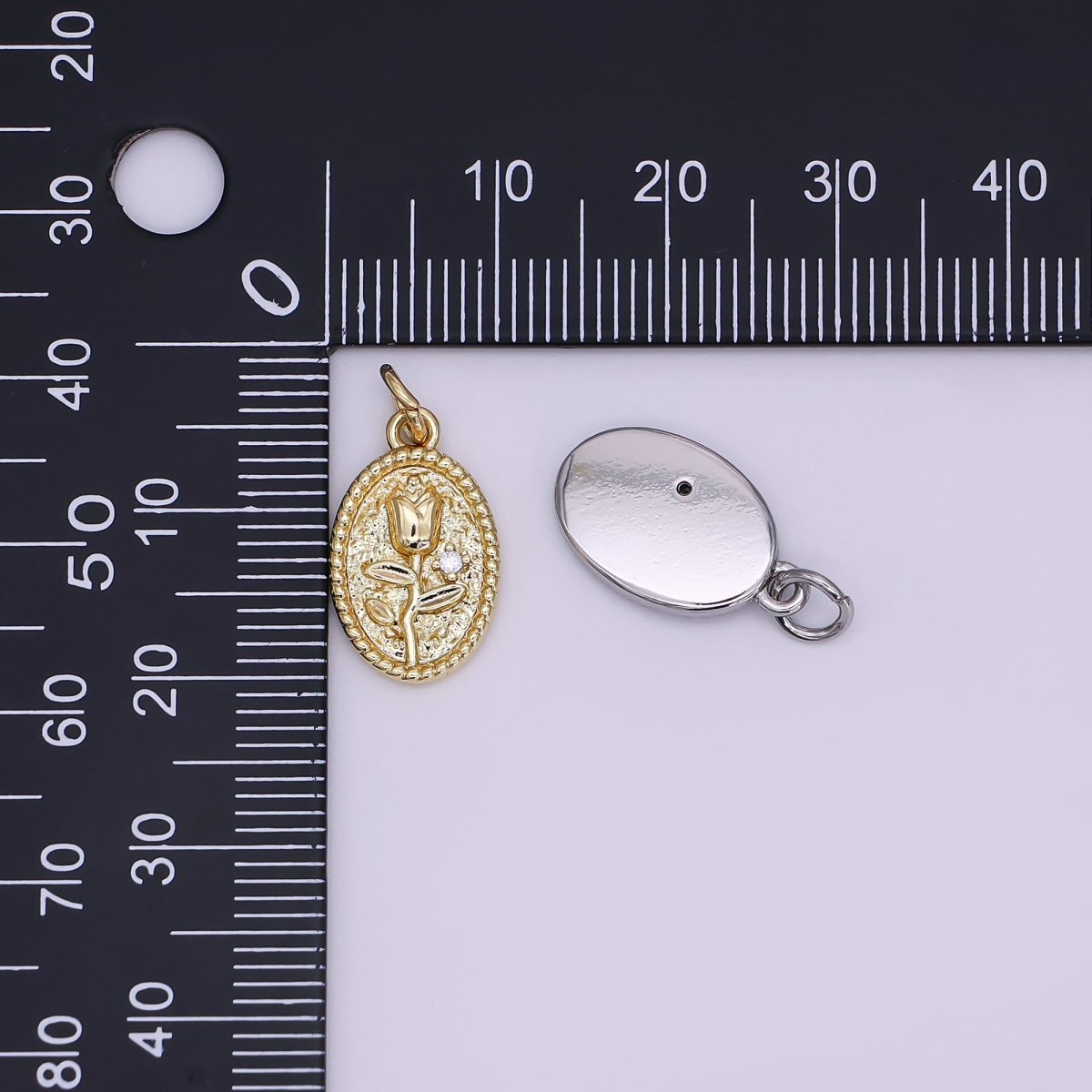 24K Gold Filled Rose Flower Hammered Oval Charm in Gold & Silver | N957 - DLUXCA