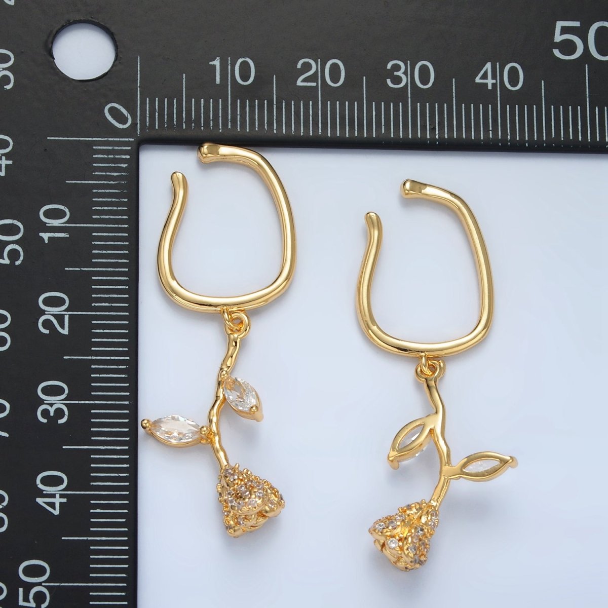 24K Gold Filled Rose Flower Micro Paved CZ Marquise Drop Ear Cuff Earrings | AI170 - DLUXCA