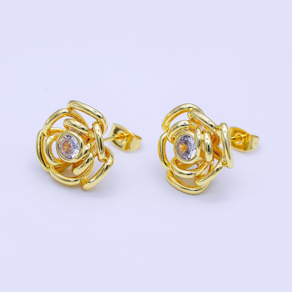 24K Gold Filled Round CZ Dream Rose Flower Crown Stud Earrings | AI512 - DLUXCA