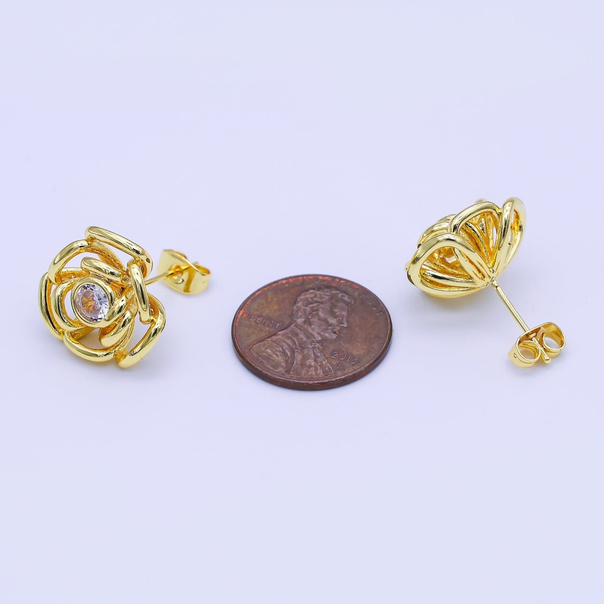 24K Gold Filled Round CZ Dream Rose Flower Crown Stud Earrings | AI512 - DLUXCA