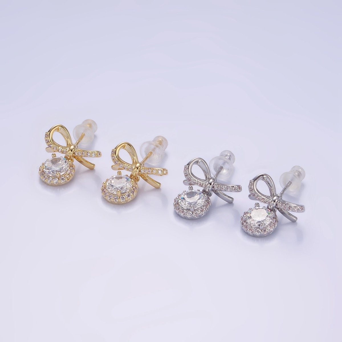 24K Gold Filled Round CZ Drop Micro Paved Ribbon Bow Stud Earrings in Gold & Silver | V524 V525 - DLUXCA