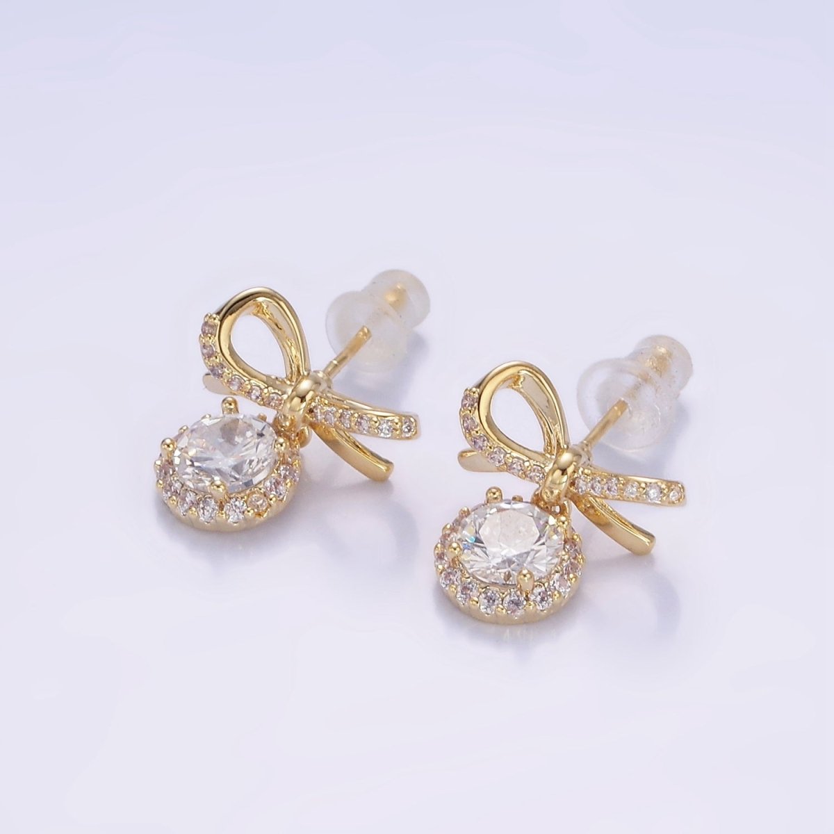 24K Gold Filled Round CZ Drop Micro Paved Ribbon Bow Stud Earrings in Gold & Silver | V524 V525 - DLUXCA