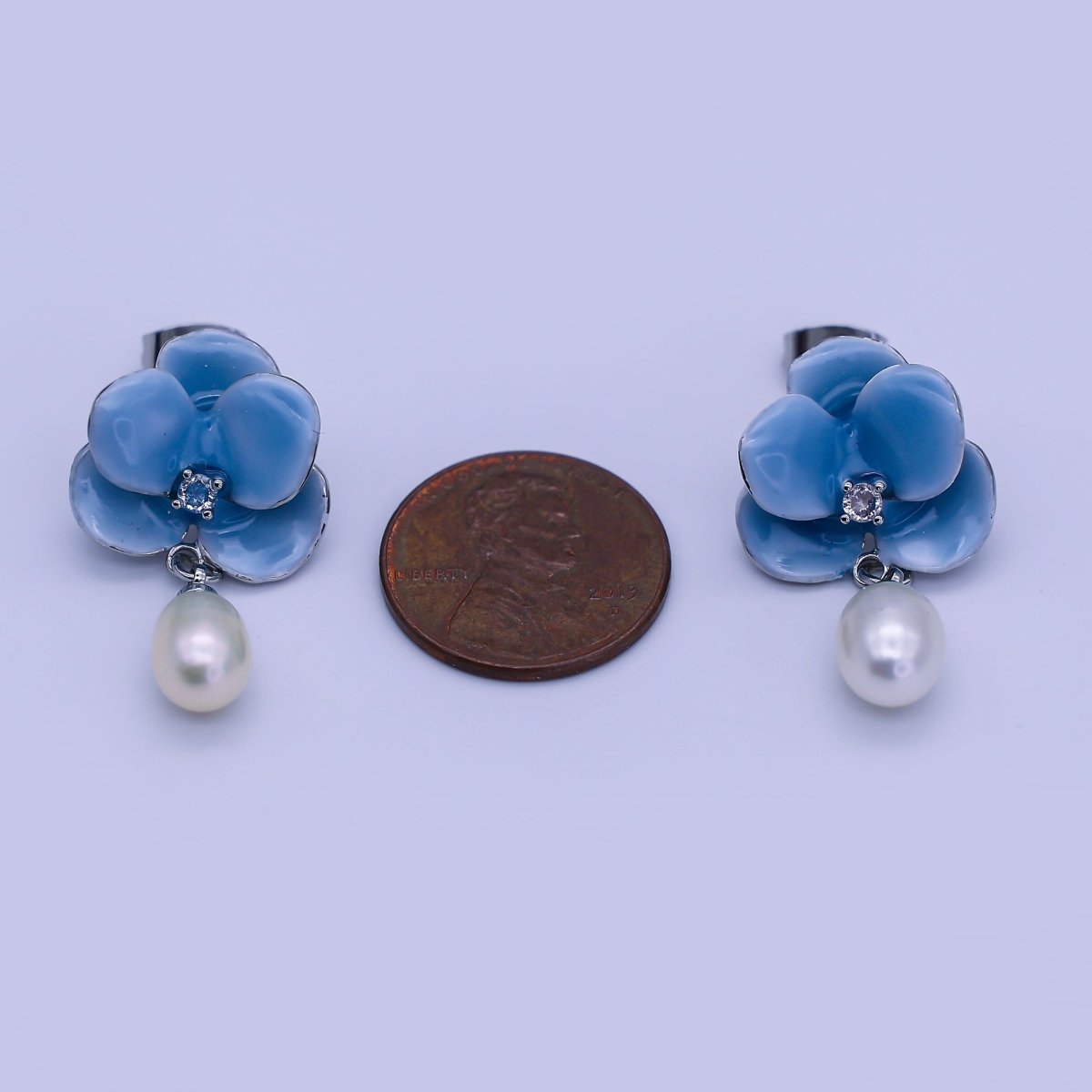 24K Gold Filled Round CZ Enamel Art Sky Blue Orchid Flower Shell Pearl Drop Stud Earrings in Gold & Silver | AJ - 106 AJ - 107 - DLUXCA