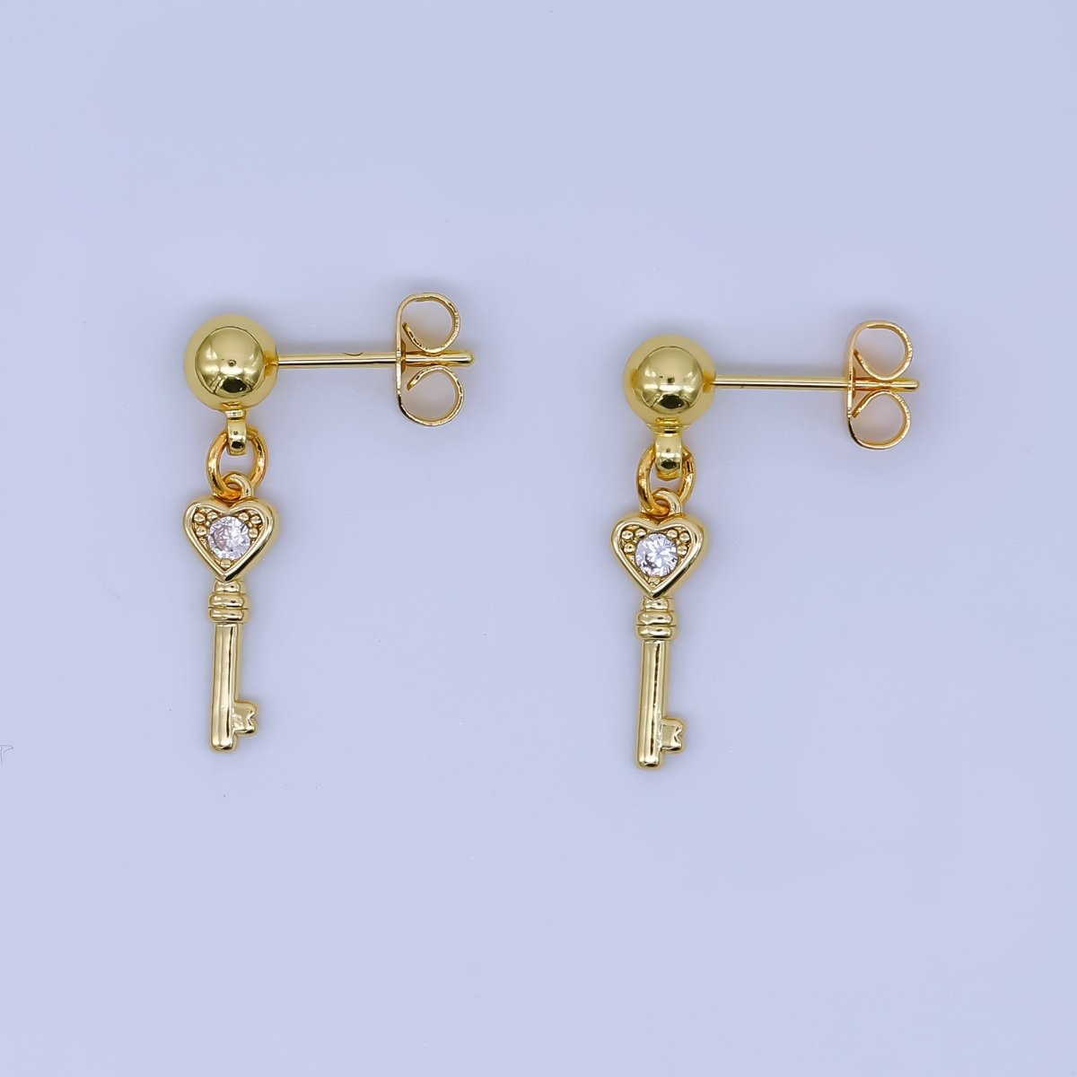24K Gold Filled Round CZ Key to the Heart Drop Stud Earrings | AI468 - DLUXCA
