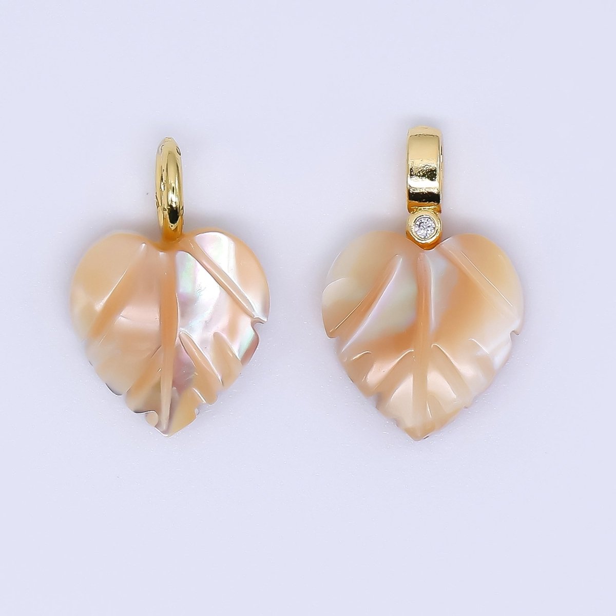 24K Gold Filled Round CZ Shell Pearl Monstera Leaf Charm | AF - 555 P - 1680 - DLUXCA