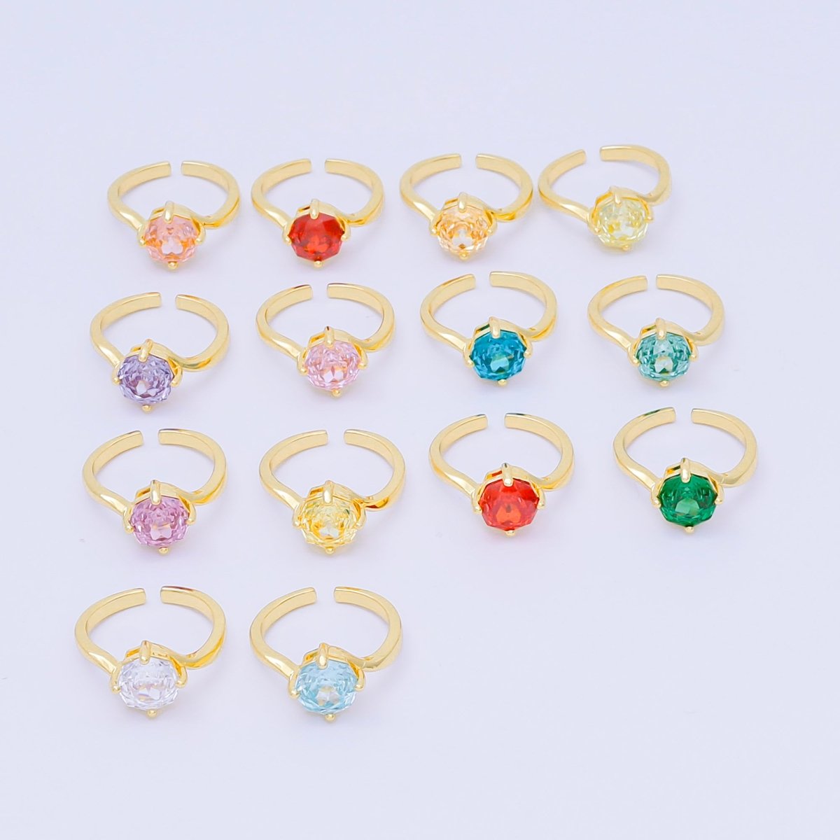 24K Gold Filled Round CZ Simple Classic Solitaire Adjustable Ring in Pink, Blue, & Red | O - 1494 - O - 1500, O - 1511 O - 1566 O - 1579 O - 1580 O - 1593 O - 1599 O - 1600 - DLUXCA