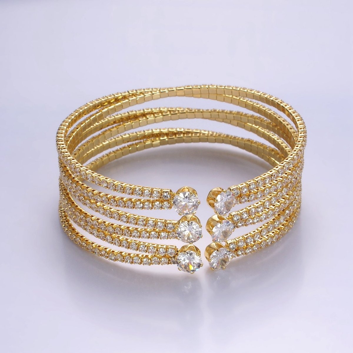 24K Gold Filled Round CZ Tennis Chain Multiple Band Cuff Bangle Bracelet | WA - 2534 - DLUXCA