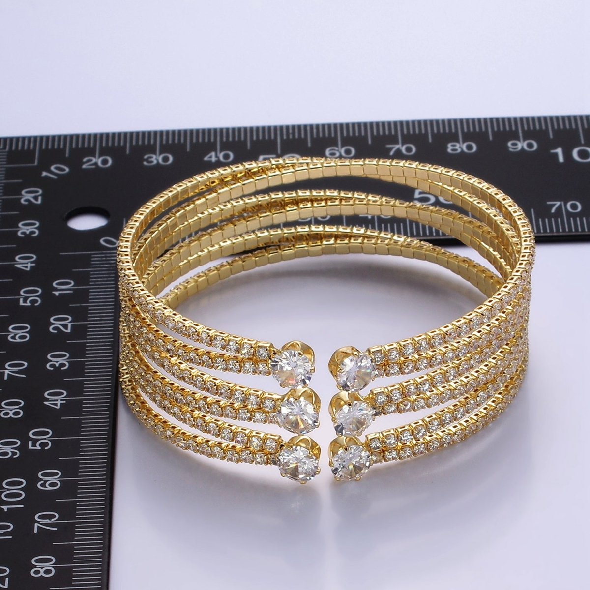 24K Gold Filled Round CZ Tennis Chain Multiple Band Cuff Bangle Bracelet | WA - 2534 - DLUXCA