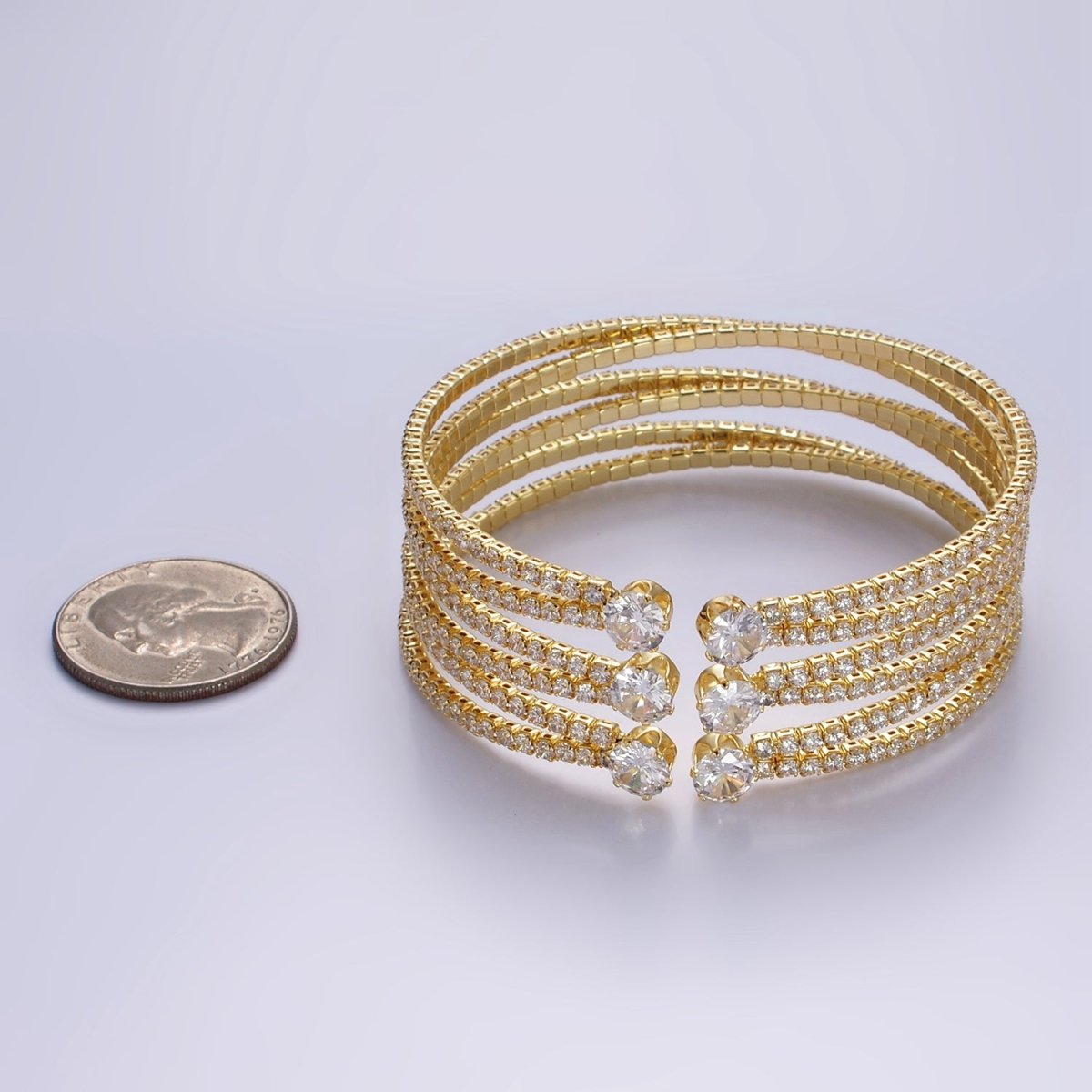 24K Gold Filled Round CZ Tennis Chain Multiple Band Cuff Bangle Bracelet | WA - 2534 - DLUXCA