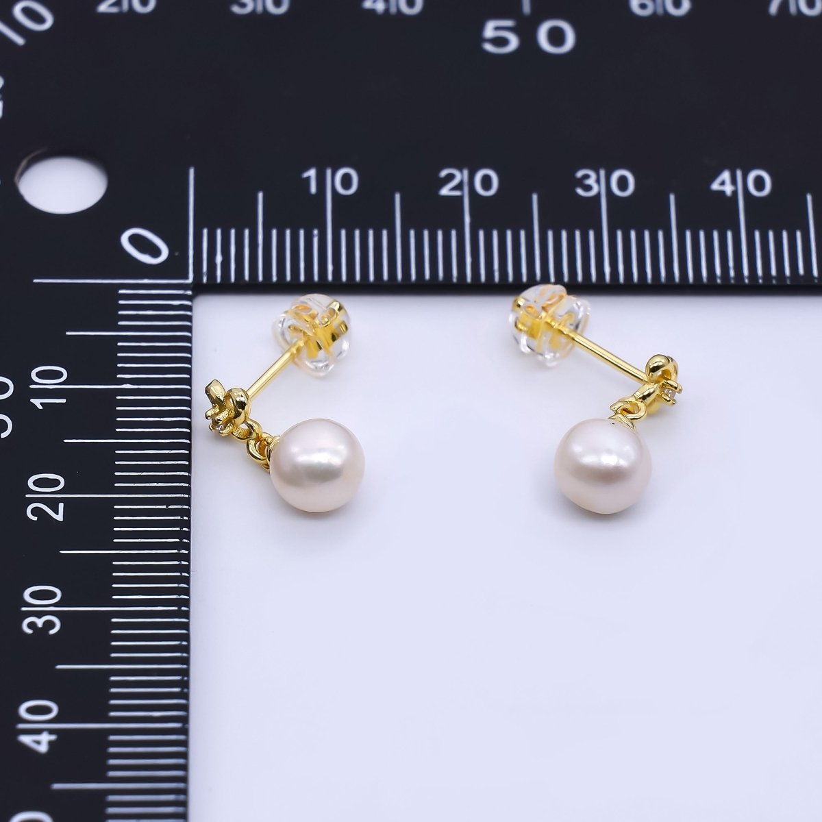 24K Gold Filled Round Freshwater Pearl Blooming Flower Drop Stud Earrings | Q - 390 - DLUXCA