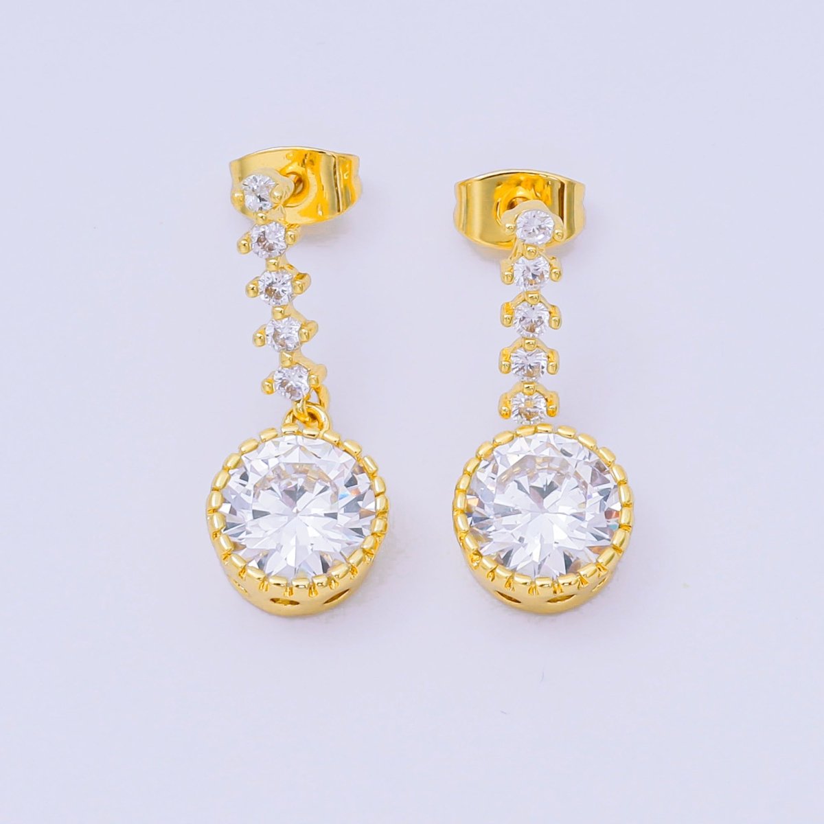 24K Gold Filled Round Micro Paved CZ Linear Drop Stud Earrings in Gold & Silver | AJ134 AJ135 - DLUXCA