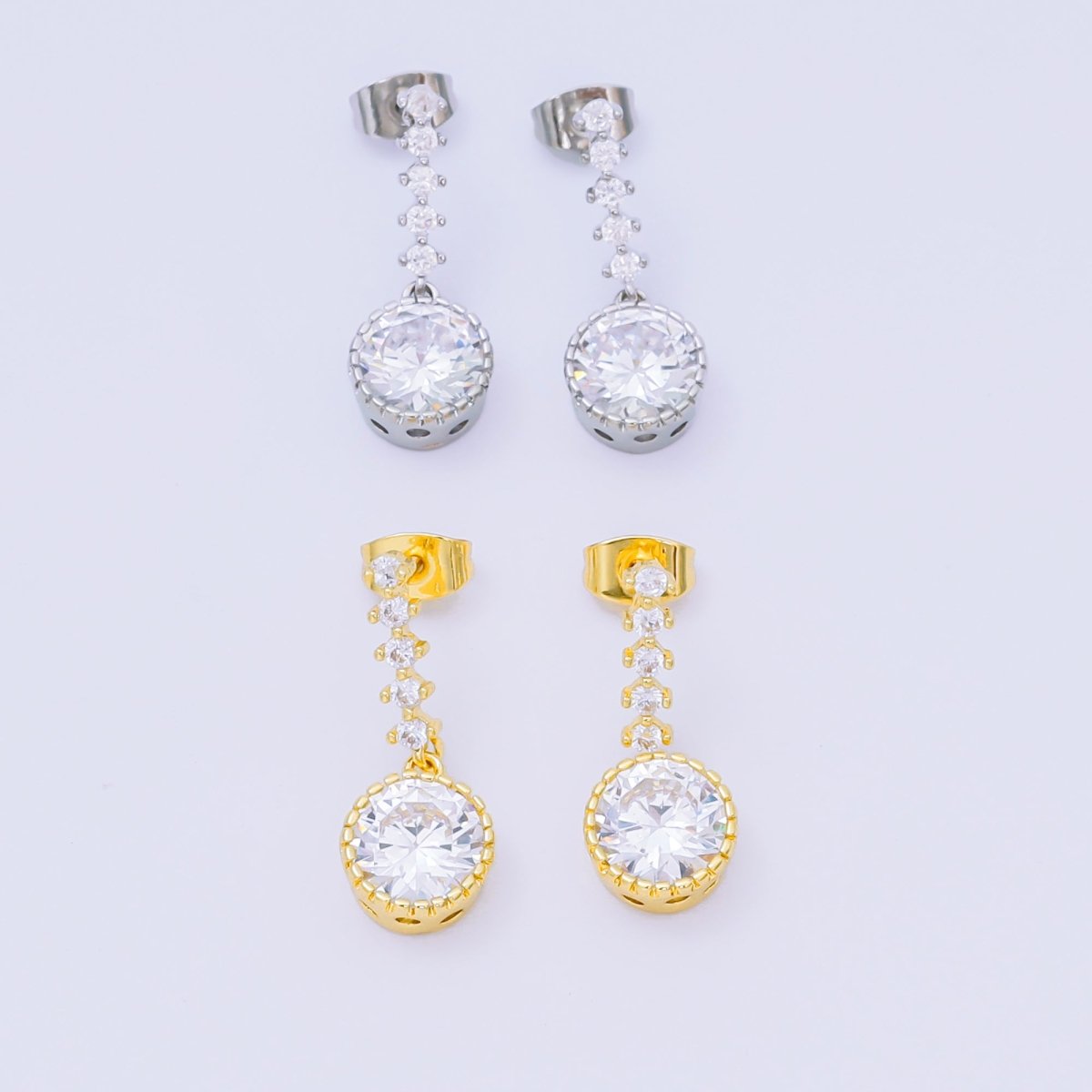 24K Gold Filled Round Micro Paved CZ Linear Drop Stud Earrings in Gold & Silver | AJ134 AJ135 - DLUXCA
