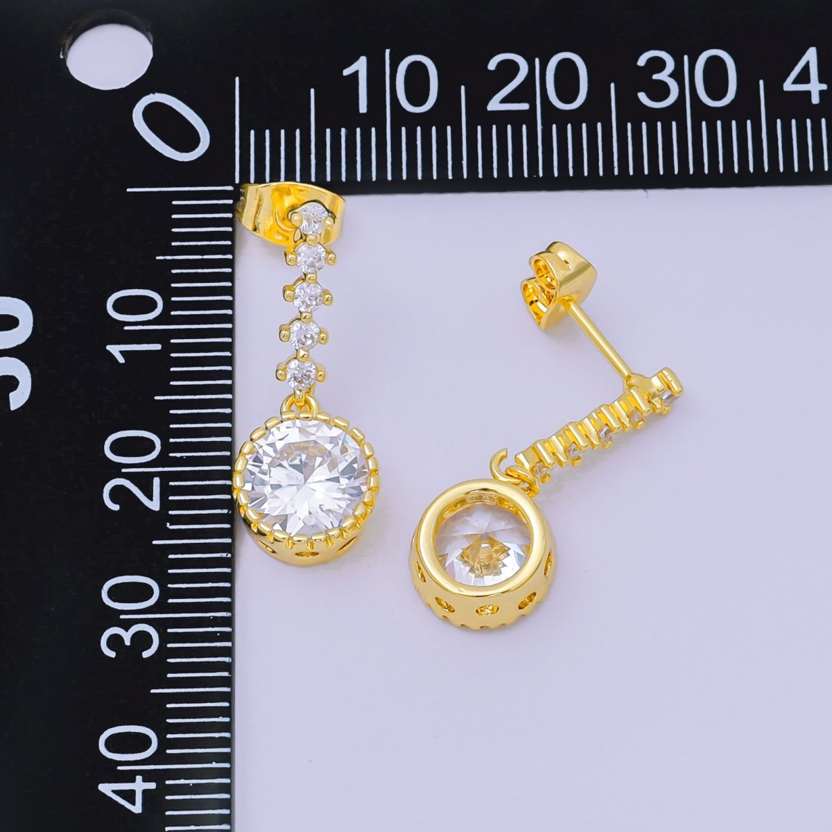 24K Gold Filled Round Micro Paved CZ Linear Drop Stud Earrings in Gold & Silver | AJ134 AJ135 - DLUXCA