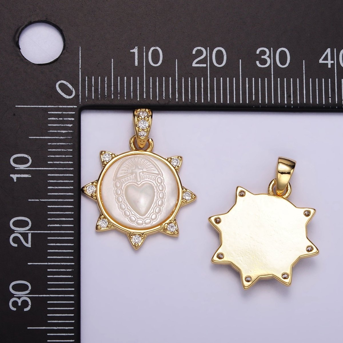 24K Gold Filled Sacred Heart Celestial Sun CZ Shell Pearl Pendant | AA056 - DLUXCA
