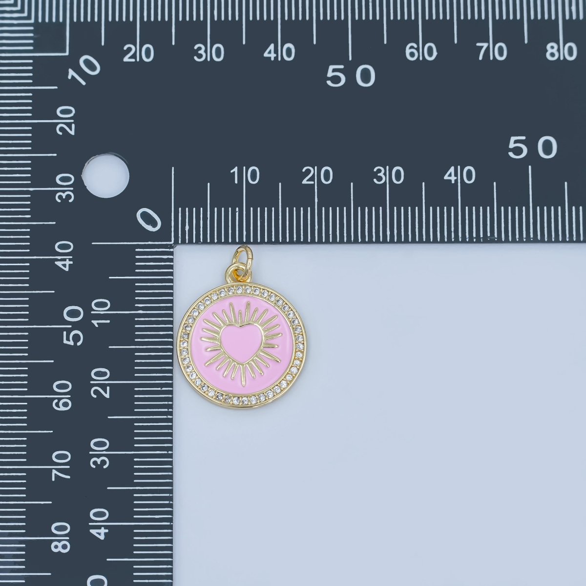 24K Gold Filled Sacred Heart Pink Enamel Micro Paved Round Charm | M185 - DLUXCA