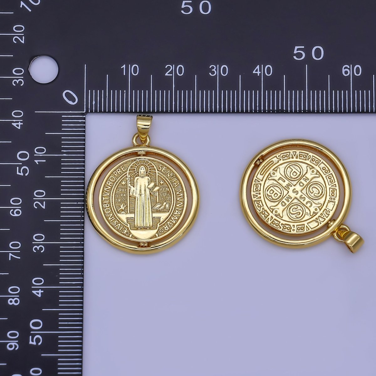 24K Gold Filled Saint Benedict Religious Figure Round Pendant | AH452 - DLUXCA
