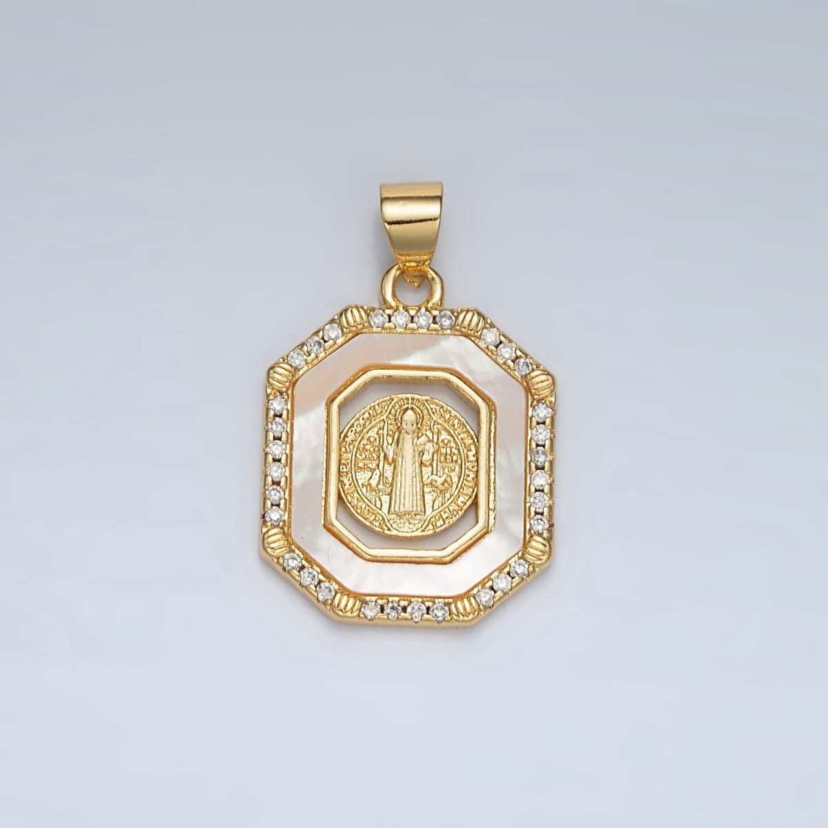 24K Gold Filled Saint Benedict Shell Pearl Micro Paved CZ Open Hexagonal Pendant | AH185 - DLUXCA