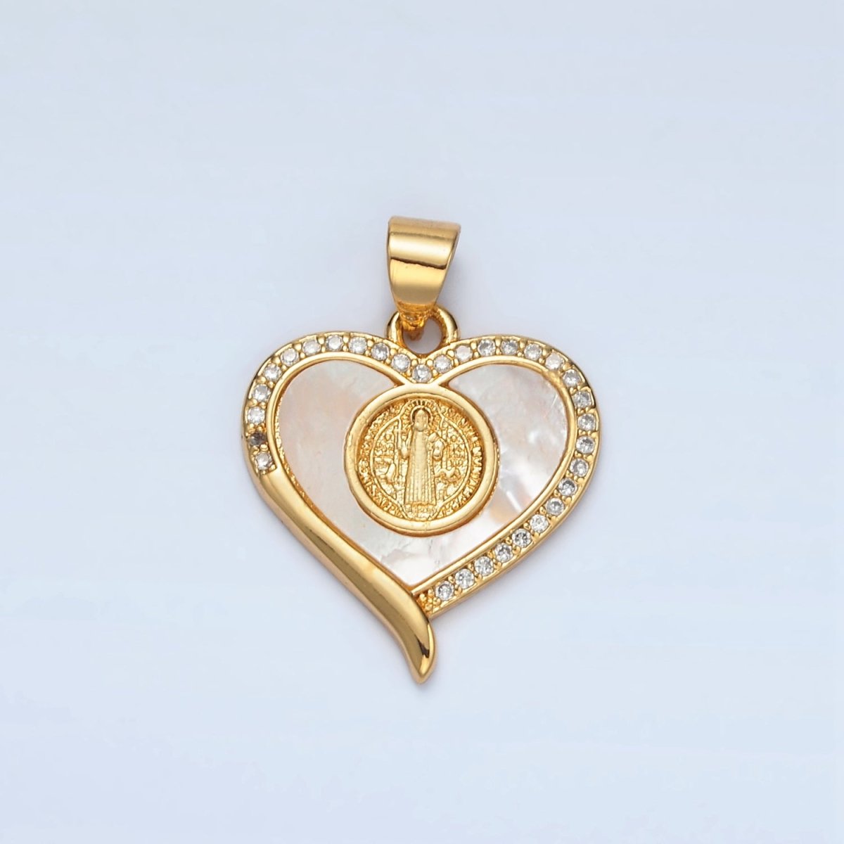 24K Gold Filled Saint Jude Religious Figure Shell Pearl Micro Paved CZ Heart Pendant | I175 - DLUXCA