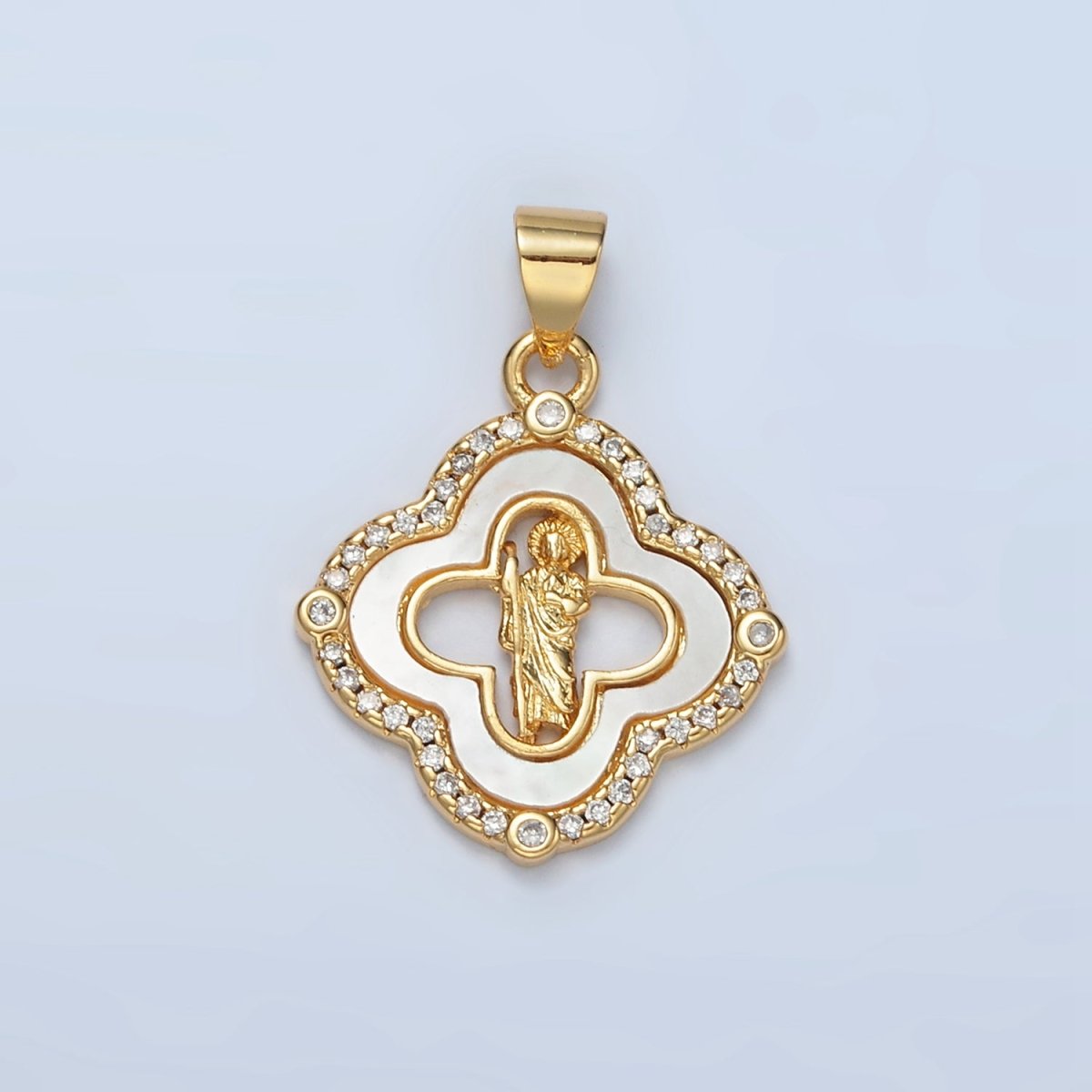 24K Gold Filled Saint Jude Religious Figure Shell Pearl Micro Paved CZ Quatrefoil Pendant | I109 - DLUXCA