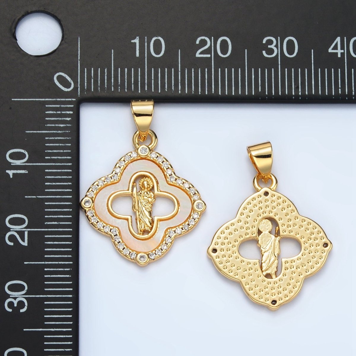 24K Gold Filled Saint Jude Religious Figure Shell Pearl Micro Paved CZ Quatrefoil Pendant | I109 - DLUXCA