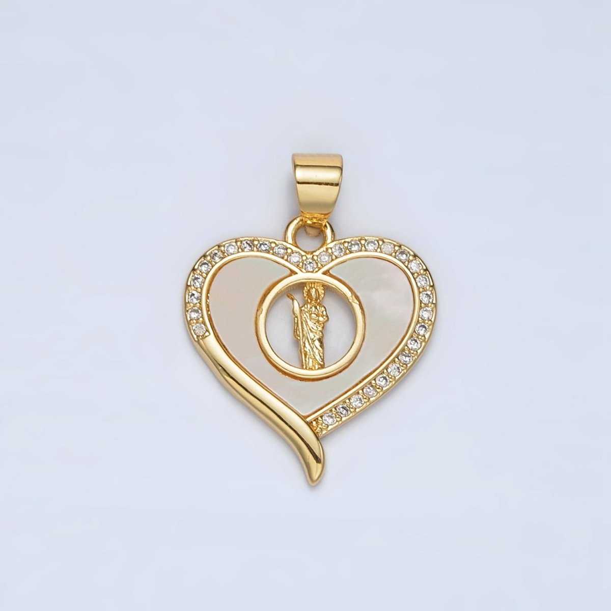 24K Gold Filled Saint Jude Shell Pearl Micro Paved CZ Open Heart Pendant | AH178 - DLUXCA