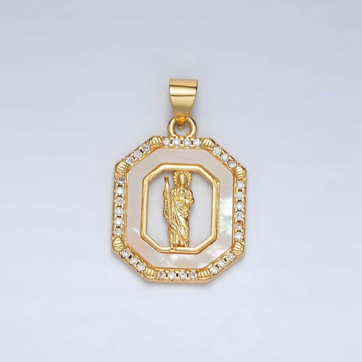 24K Gold Filled Saint Jude Shell Pearl Micro Paved CZ Open Hexagonal Pendant | AH181 - DLUXCA