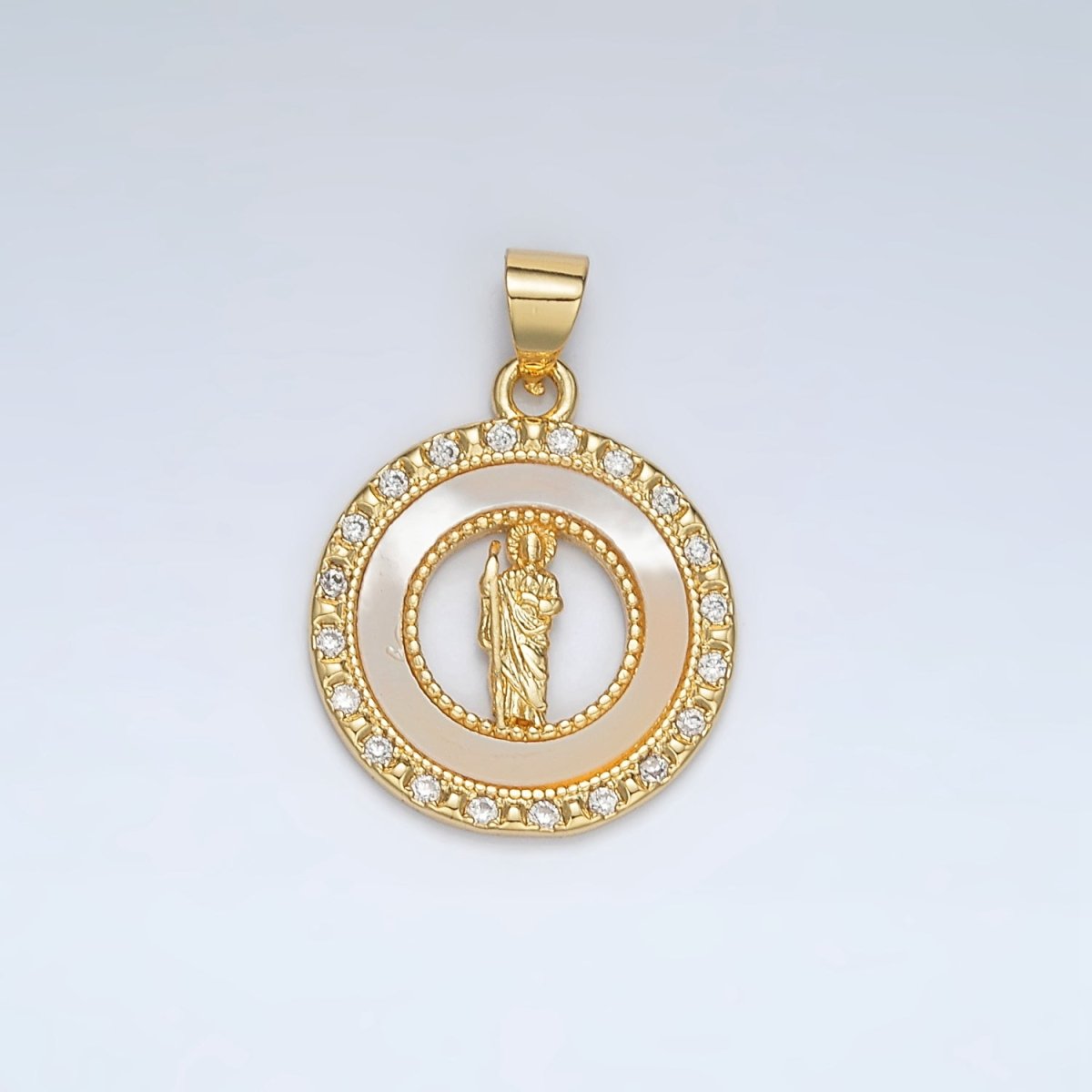 24K Gold Filled Saint Jude Shell Pearl Micro Paved CZ Open Round Pendant | AH183 - DLUXCA